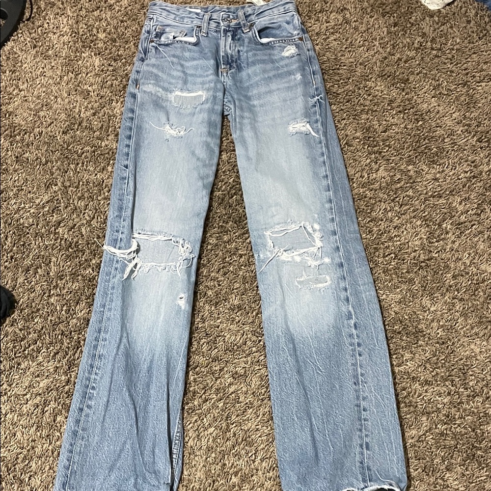 Zara Light Blue Distressed Flare Jeans